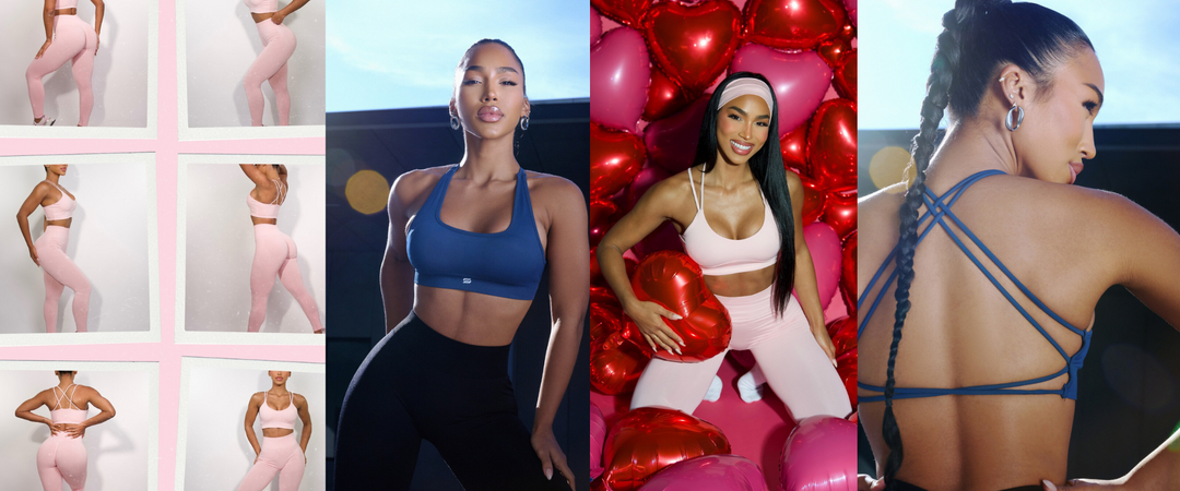 Find the best sports bras for you. A model is showing off two bras in this image. 