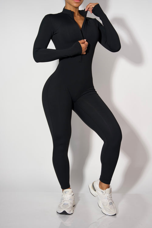 Long sleeve zip-up bodysuit in black